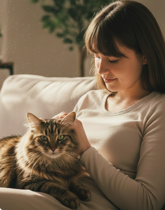 女性が猫を抱いている画像